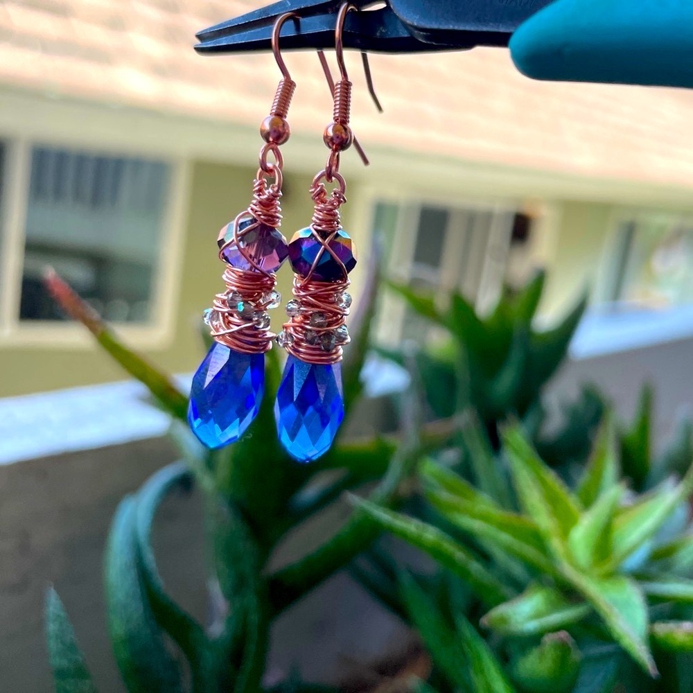Blue Austrian Crystal Hammered Copper Chaos Wrapped Earrings Artisan Designed - Picture 9 of 17